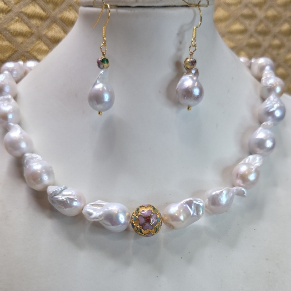 Large Freshwater Pearl Necklace and Earring Set With Cloisonnet Beads